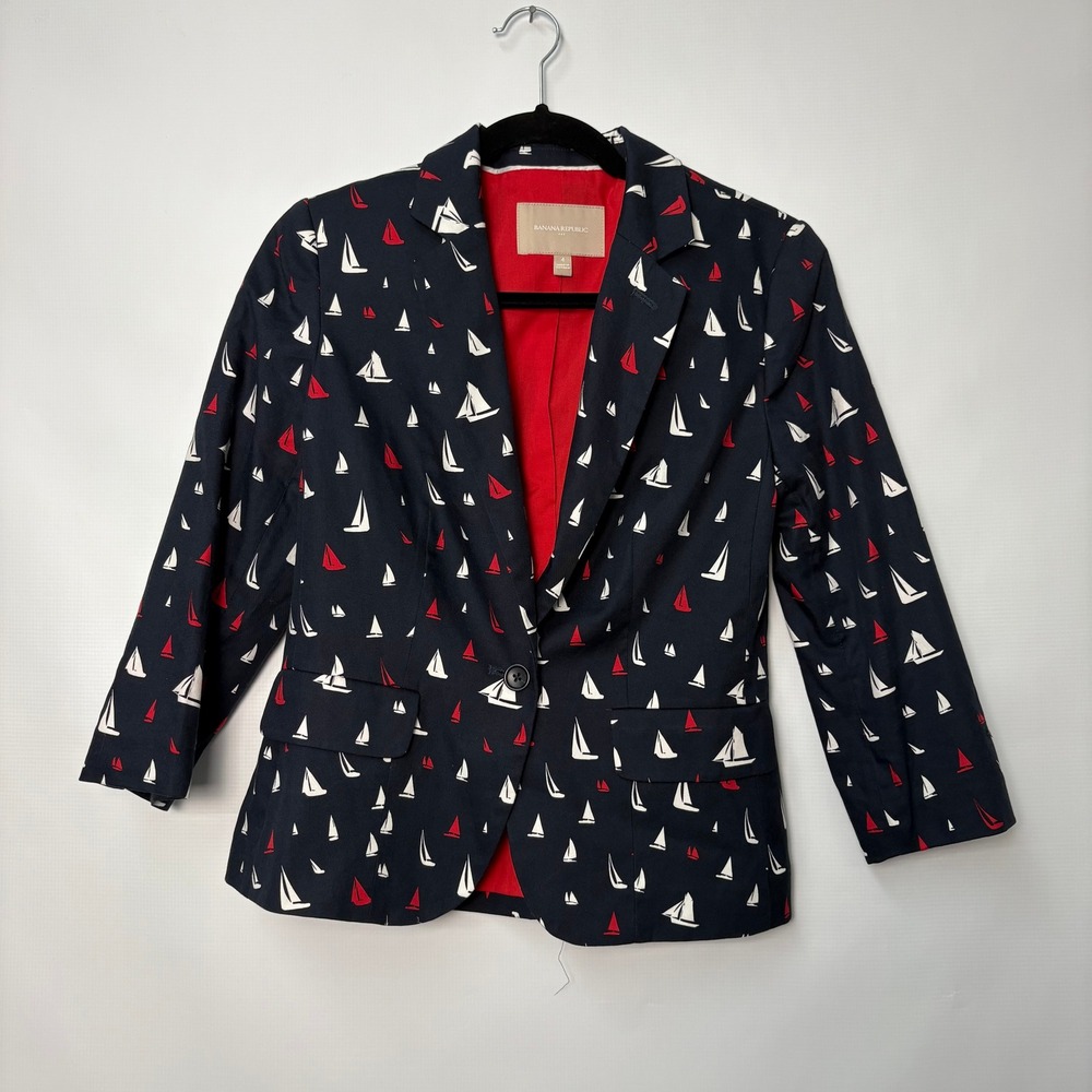 Banana Republic Womens Navy Sailboat Print 3/4 Sleeve Blazer Size 4 Nautical